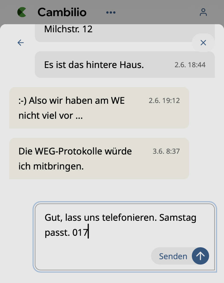 Bildschirmfoto einer privaten Konversation auf Cambilio